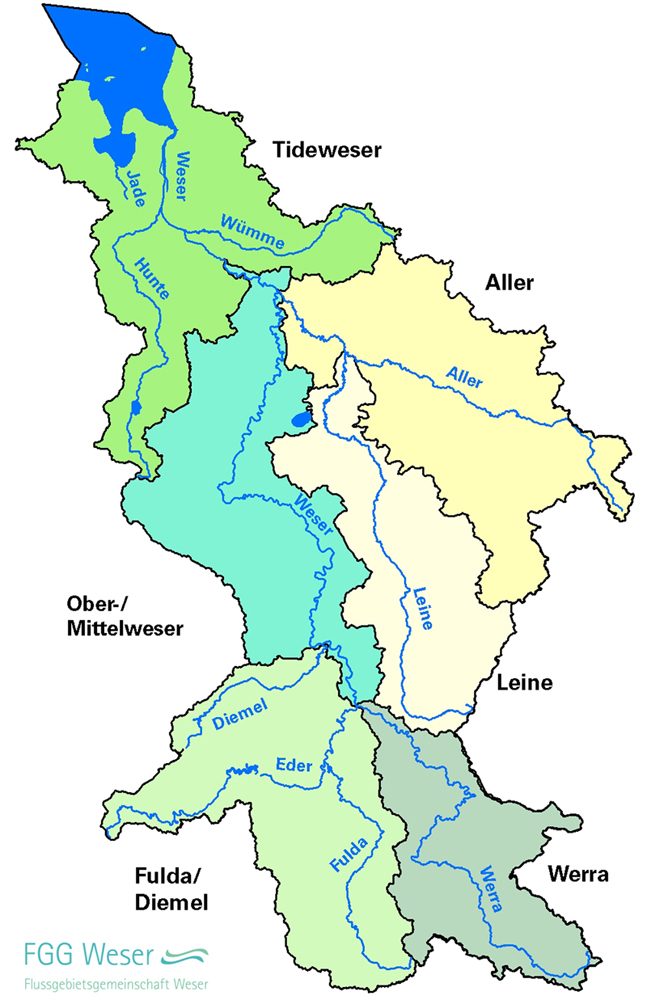 Teilräume in der Flussgebietseinheit Weser (FGG Weser, 2021)