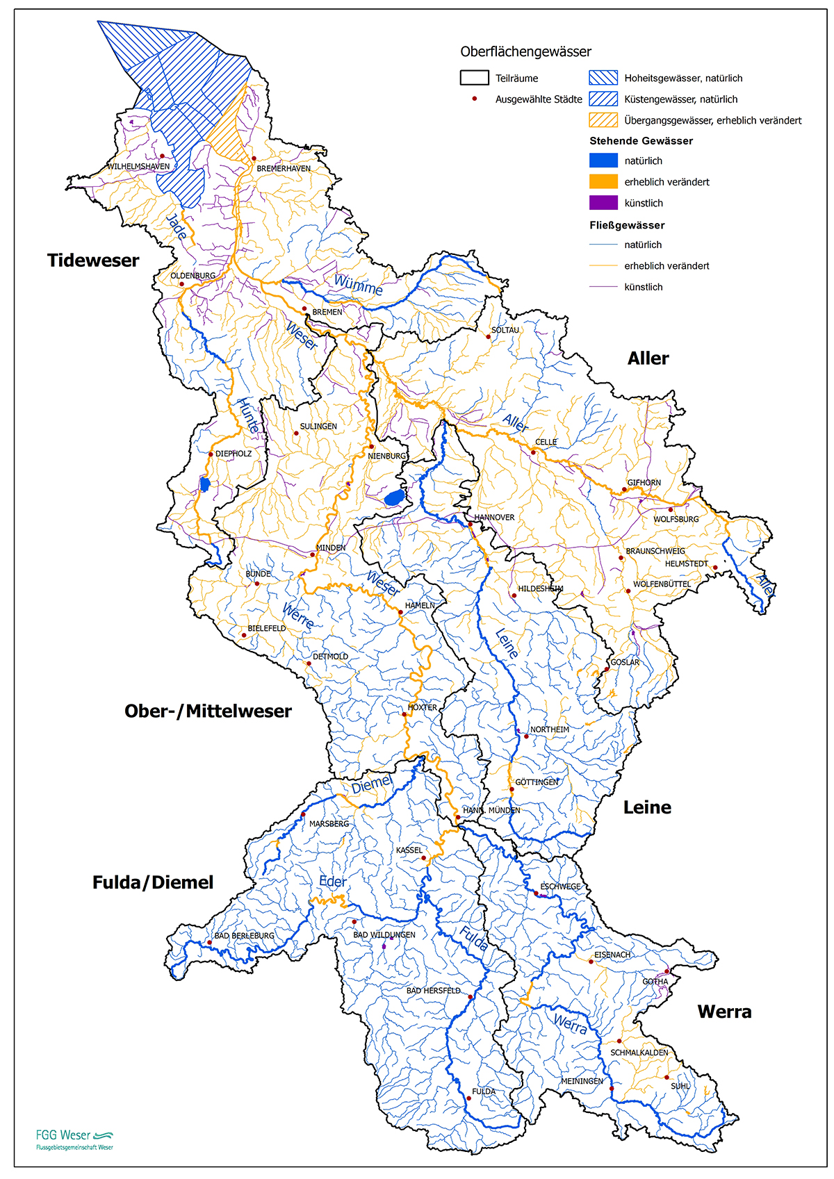 Karte der natürlichen, erheblich veränderten und künstlichen Oberflächengewässer (FGG Weser, 2022)