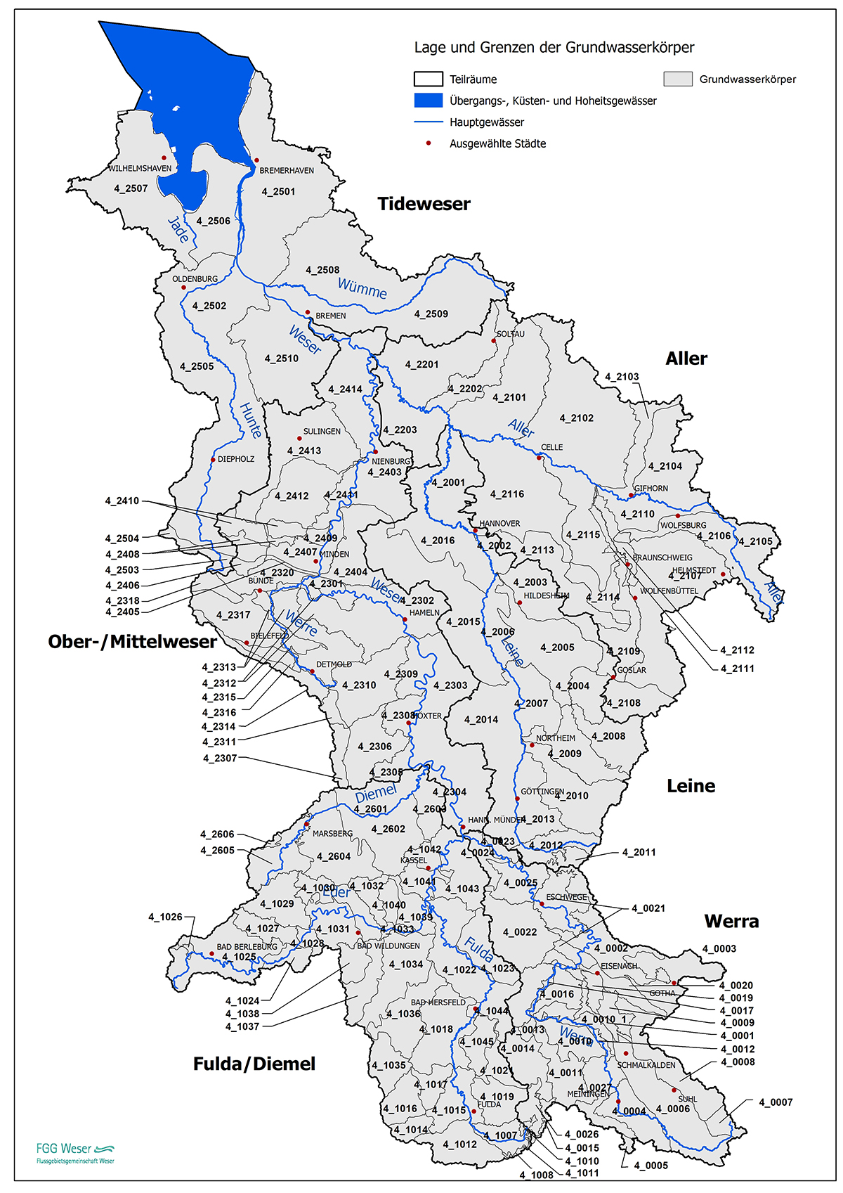 Grundwasserkörper in der Flussgebietseinheit Weser (FGG Weser, 2021)